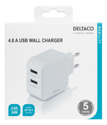 Caricatore Deltaco da casa 2xUSB 24W 4,8A