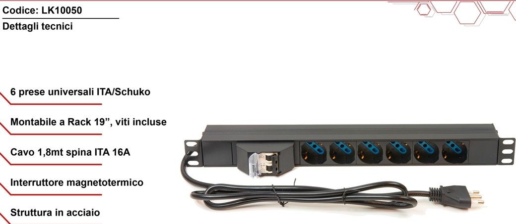 Multipresa Rack 19" 6 Posti con magnet.