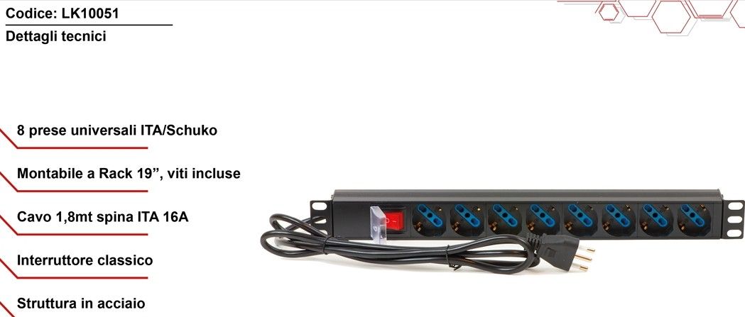 Multipresa Rack 19" 8 Posti univ.con int