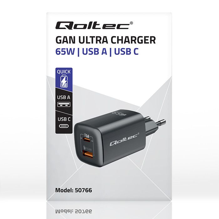 Caricatore Qoltec 65W 1xType C/1xUSB-A - immagine 2