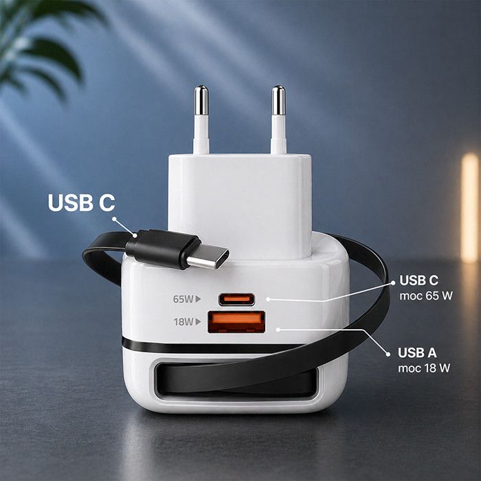 Caricatore Qoltec 1xType C/1xUSB-A 65W + Cavo Type C - immagine 2