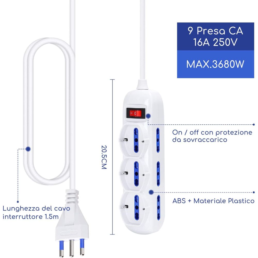 Multipresa a 9 Vie con Inter.16A cavo 1,5Mt - immagine 2